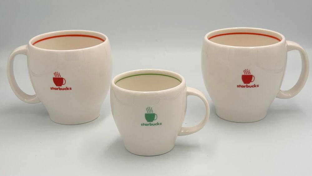 Vintage Starbucks Abbey Coffee Cups Barista Espresso Red & Green Line 3pc